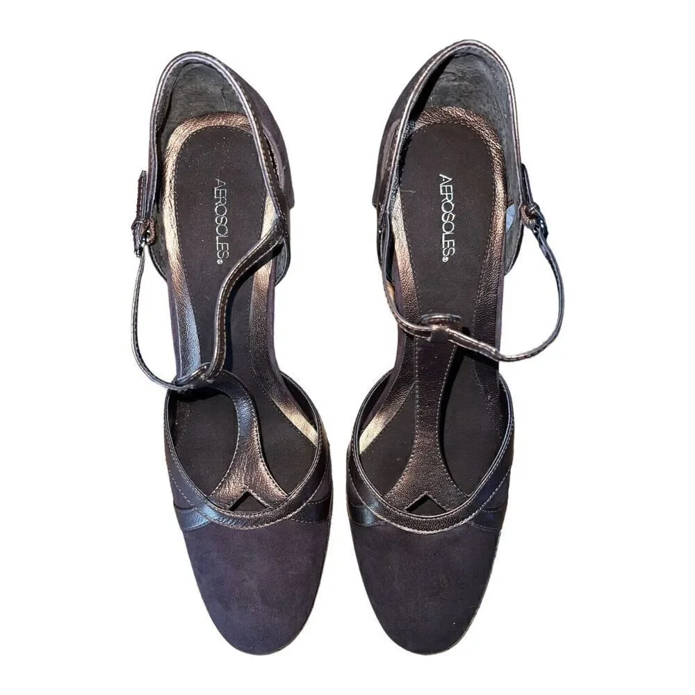 Aerosoles Bar Struck Brown Combo Suede-Leather Strappy Heels Womens Size 10 NEW